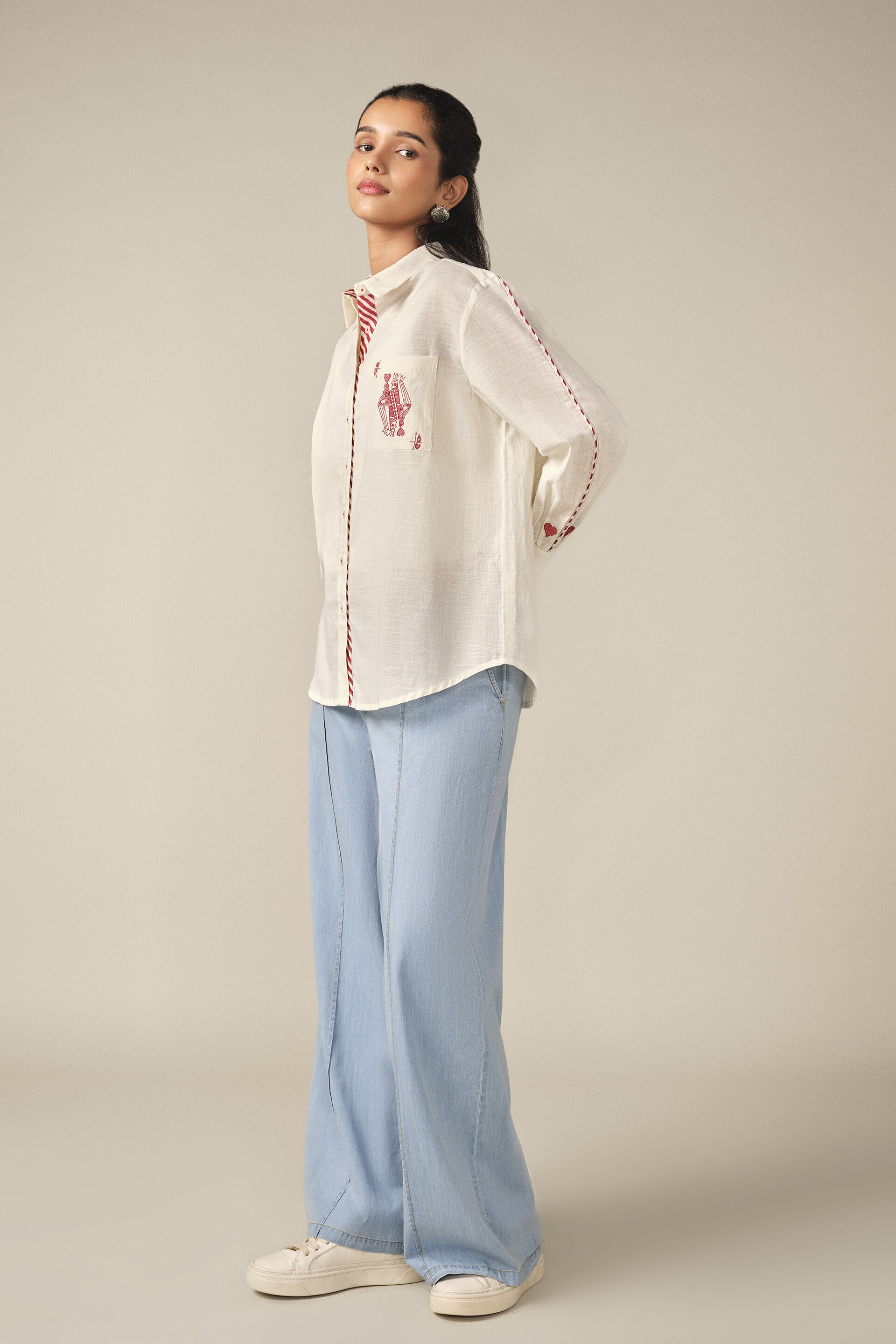 Embroidered Playing Card Cotton Shirt in Off White, Off White, image 5